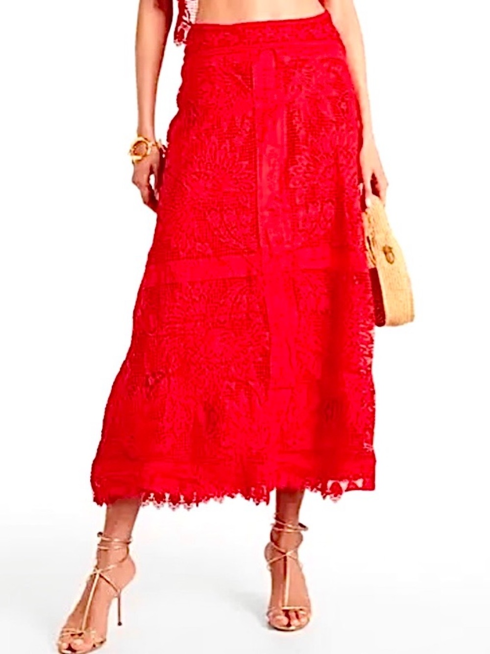 New FARM Rio Toucan Guipure Crochet Red Lace Midi Skirt Medium Cocktail Party - Picture 16 of 16